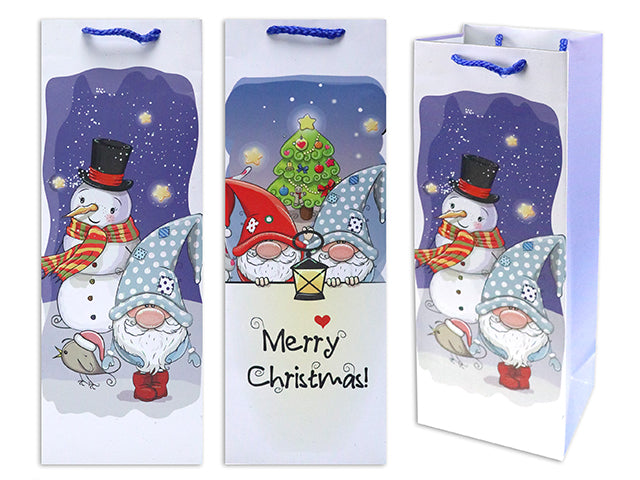 Carton of 24 Christmas Matte Cartoon Gnome Bottle Gift Bag With Glitter