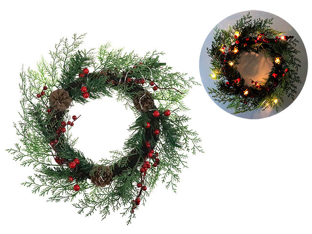 Carton of 14 15In Xmas B/O 13-Led Pine Wreath W/Pine Cones + Berries. Warm White. Cht.