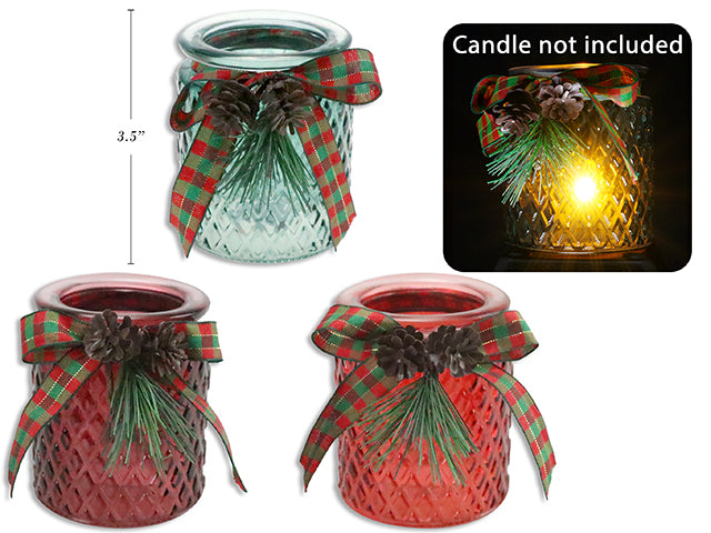 Carton of 10 3.5in Xmas Matte Embossed Glass Candle Holder w/ Pine Cones + Plaid Ribbon. 2 Asst.: Green / Red.