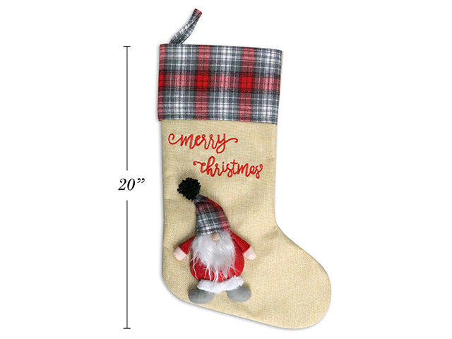 Carton of 12 20In Xmas Jute Stocking With Farmhouse Plaid 3-D Gnome & Fold-Over Cuff. J-Hook + Cht.