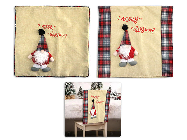 Carton of 12 19.25In X 18-1/8In Xmas Jute Chair Cover W/ Farmhouse Plaid 3-D Gnome & Border. H/C.