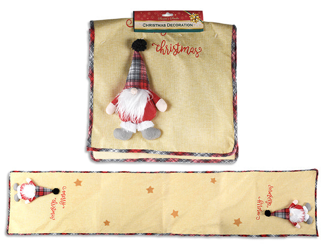 Carton of 12 Christmas Jute Table Runner With Farmhouse Plaid 3D Gnome And A Border