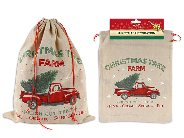 Carton of 12 Christmas Truck Canvas Drawstring Bag