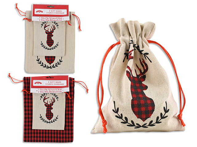 Carton of 24 Christmas Buffalo Plaid Canvas Drawstring Bag