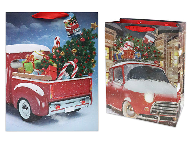 Carton of 24 Christmas Matte Truck Medium Gift Bag With Glitter