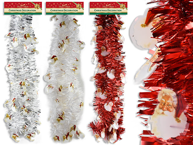 Carton of 24 6.5Ft X 3Ply Xmas Tinsel Garland W/Die-Cut Printed Santa. 3In Tips. 3 Asst.Colours. H/C.