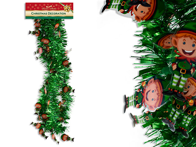 Carton of 24 6.5Ft X 3Ply Xmas Tinsel Chunky Garland W/Die-Cut Printed Elf. 3In Tips. H/C.