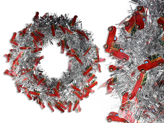 Carton of 12 15.75In Printed Die-Cut Vintage Truck / Camper Van Chunky Tinsel Wreath 4 Asst. Red / Silver. Cht.