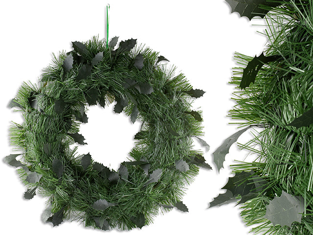 Carton of 12 15.7In Xmas Matte Die-Cut Holly Leaves Pine Wreath Cht.