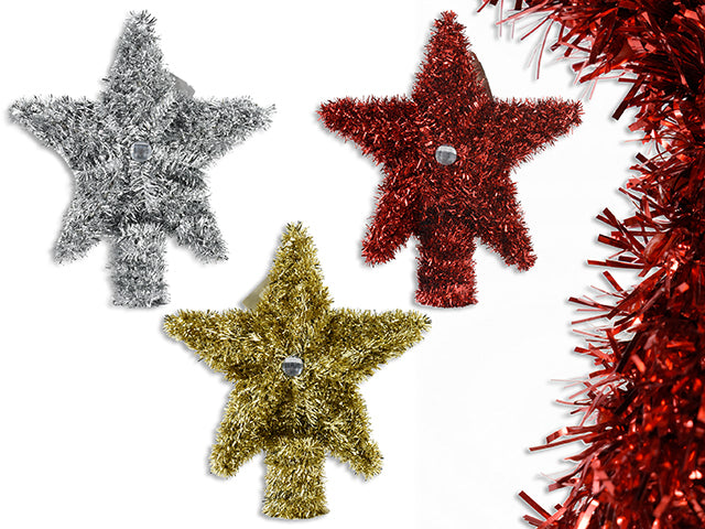 Carton of 24 8.5In X 7-3/8In Xmas Tinsel Star Tree Topper W/ Jewel. 3 Asst. Colours. Cht.