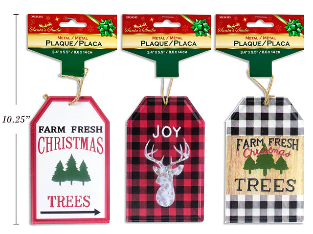 Carton of 24 3-3/8In X 5.5In Xmas Metal Luggage Style Plaque. 3 Asst.Styles. H/C.