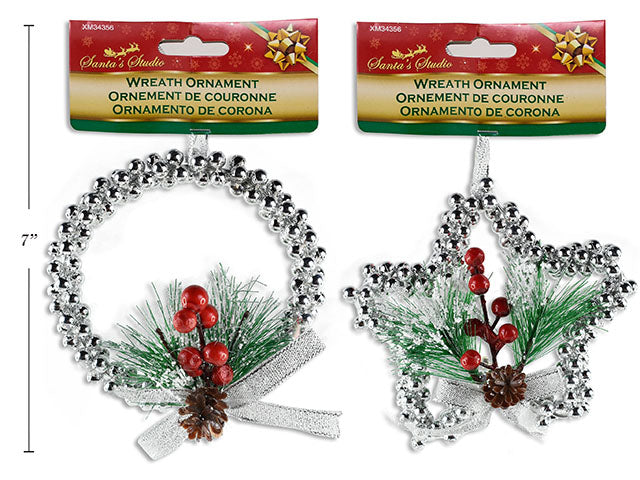 Carton of 36 Xmas Die-Cut Beaded Wreath Ornament W/Bow + Pines + Berries. 2 Asst. Styles: Round / Star. H/C.