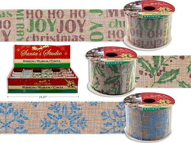 Carton of 20 3yd Xmas Printed Canvas Ribbon in Dsp. 2in(W). 3 Asst.Styles. 20/Dsp.