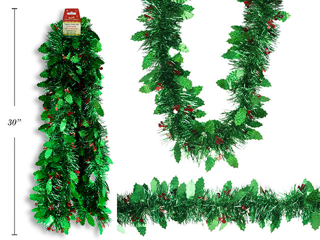 Carton of 12 8.8ft x 5ply Xmas Tinsel Garland w/Holly Berries & Leaves. ?in Tips. h/c.