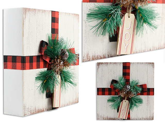 Carton of 12 7-7/8In Xmas Square Mdf Box Decor W/Buffalo Plaid Ribbon + Leaves + Pinecone. Cht.