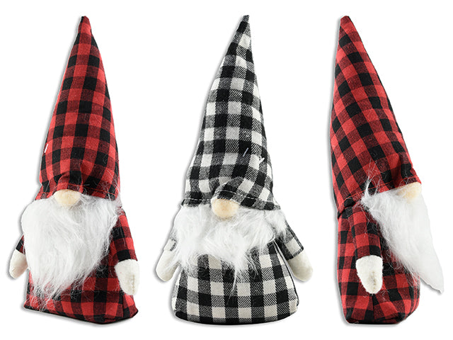 Carton of 12 9.5In X 5In Xmas Buffalo Plaid Plush Gnome W/Fur Beard. 2 Asst.Colours. Cht.