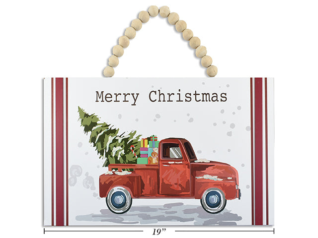 Carton of 12 19In X 11.75In Wooden Glitter Xmas Truck Wall Plaque W/Beaded Hanger. 17-5/8In W/Hanger.