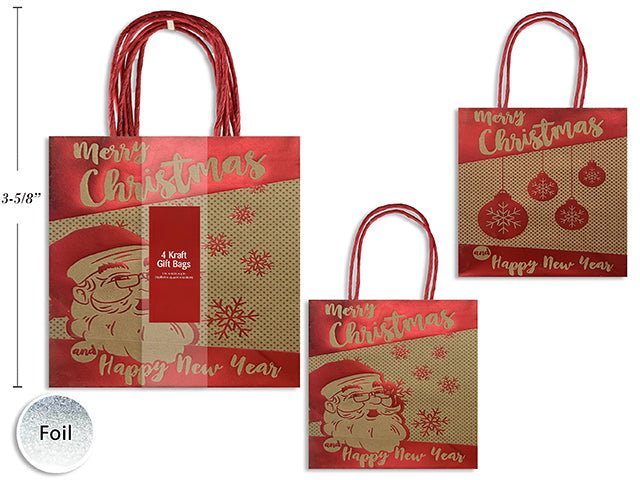 Carton of 24 2Pk Xmas Kraft Foil Printed Giftbag W/Twisted Red Paper Hanger. 2 Asst.Styles.