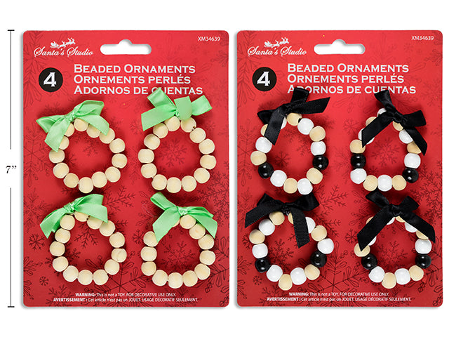 Carton of 24 4Pk Xmas Beaded Wreath Ornament W/ Ribbon Bow. 2 Asst.Styles. T.O.C.