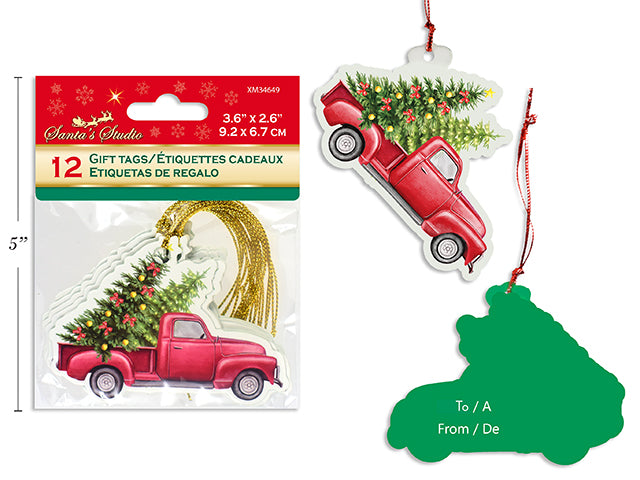 Carton of 24 12Pk 3-5/8In X 2-5/8In Die-Cut Xmas Truck Gift Tags W/Red Tinsel String. Pbh.