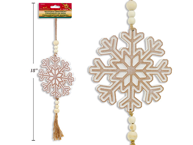 Carton of 24 6In(D) Xmas Wooden Jumbo Embossed Snowflake Hanging Decoration W/Beads + Jute Tassel. H/C.