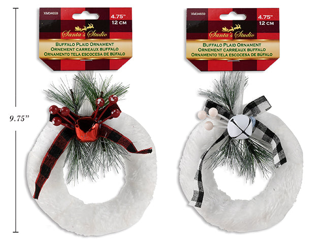 Carton of 24 4.75In(D) Xmas Plush Wreath Ornament W/Buffalo Plaid Bow+Leaves+Bell+Berries. 2 Asst.Cols. H/C.