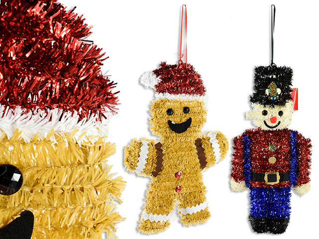 Carton of 24 Xmas Tinsel Hanging Plaque. 2 Assorted: 13.5in Gingerbread / 14.25in Nutcracker. Cht.