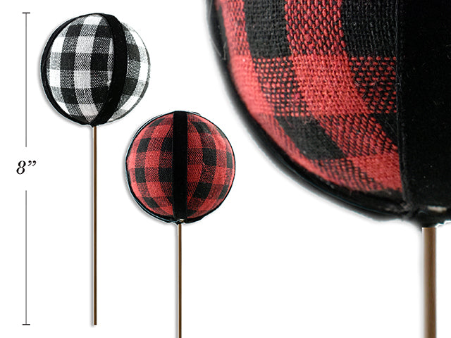 Carton of 24 8In X 70Mm Xmas Buffalo Plaid Ball Pick. 2 Asst.Colours. Cht.