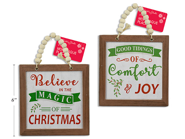 Carton of 24 6in Xmas Framed MDF Hanging Plaque w/Sayings & Beaded Hanger. 2 Asst.Styles. Cht.