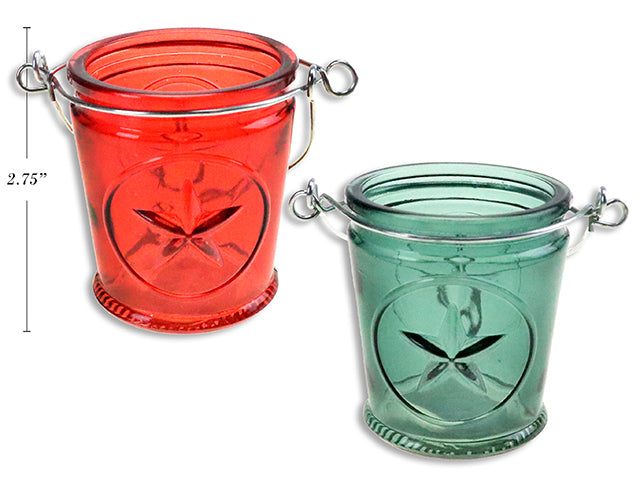 Carton of 24 2.75In Xmas Solid Colour Candle Holder W/ Metal Handle. 3 Asst.Colours.