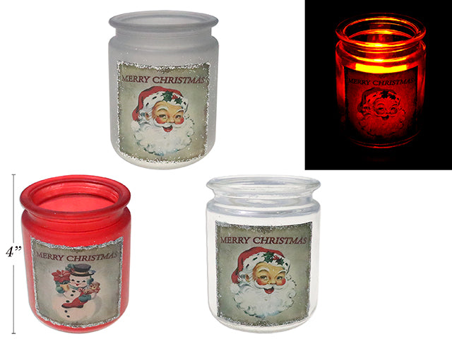 Carton of 24 4In Xmas Vintage Santa/Snowman Frosted Glass Candle Holder W/Glitter. 3 Asst.Col: 2 Asst Style.