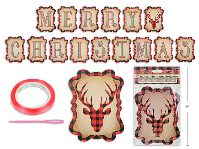 Carton of 24 9Ft 16Pcs Xmas Buffalo Plaid Merry Xmas Banner. Incl: Needle + Satin String For Stringing. Pbh.