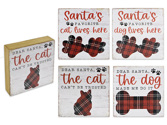 Carton of 12 5-7/8In Xmas Mdf Plaid Tartan Square Pet Block Decor. 4 Asst: 2 X Dog / 2 X Cat.