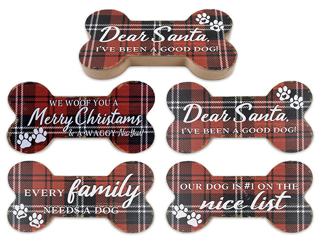 Carton of 12 7-7/8In X 4In Xmas Tartan Plaid Dog Bone Mdf Block W/Saying. 4 Asst.Styles.