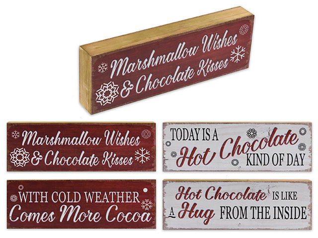 Carton of 12 11.75In X 4In Xmas Hot Chocolate Rectangular Mdf Block W/Saying. 4 Asst.Styles.