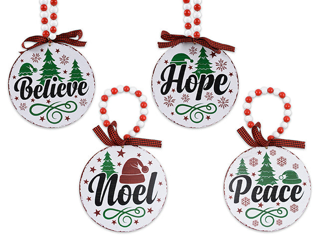 Carton of 12 7-7/8(D) Xmas Printed Mdf Hanging Plaque W/Buffalo Plaid Bow + 2-Tone Beaded Hanger. 4 Asst. Styles.