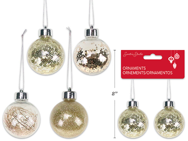 Carton of 24 2Pk 60Mm Xmas Glitter Gold Ball Ornaments Assortment W/String. 4 Asst.Styles. H/C.