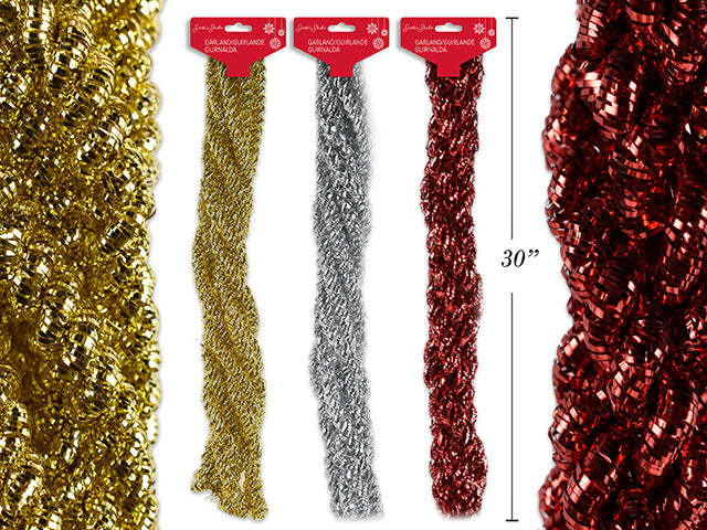 Carton of 24 13ft Xmas Tinsel Twisted Rope Garland. 3 Asst.Colours. h/c.