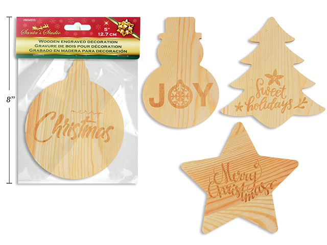 Carton of 24 5In X 5In Xmas Wood Fired Engraved Die-Cut Decoration. 4 Asst.Styles. Pbh.