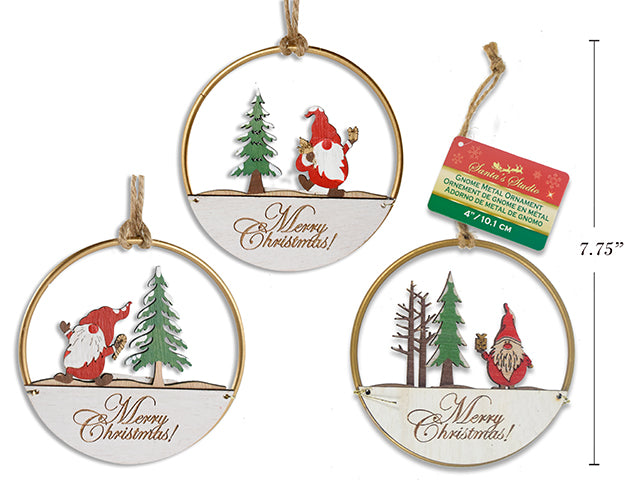 Carton of 24 4In(D) Xmas Round Metal Ornament W/ Wooden Die-Cut Gnome Scene. Jute Hanger. 3 Asst.Styles. Cht.