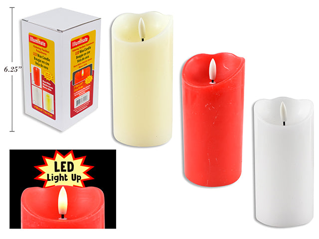 Carton of 12 5-7/8/In(H) X 3In(D) Xmas B/O Led Flickering Wax Candle W/Warm White Bullet Flame. 3 Asst.Colours.