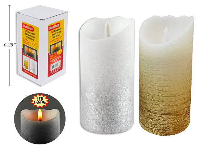 Carton of 12 5-7/8/In(H) X 3In(D) Xmas B/O Led 2-Tone Mettalic Engraved Wax Candle. 4 Asst.Cols.