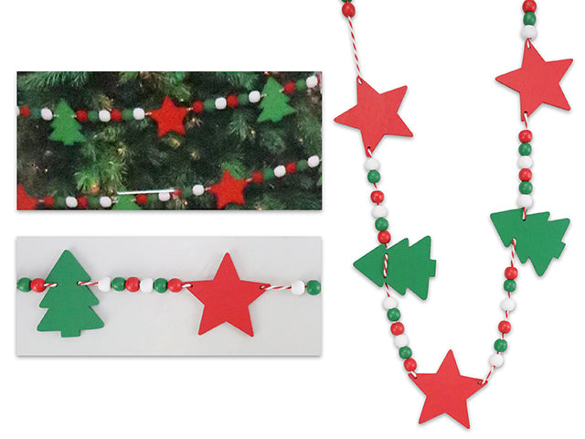 Carton of 12 6Ft Xmas 3-Tone Beaded Garland W/Die-Cut Xmas Tree + Red Star. Cht.