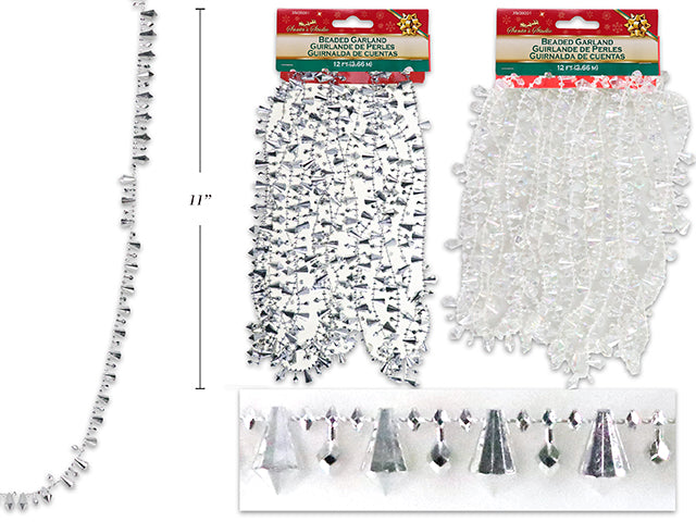 Carton of 18 12Ft Xmas Faceted Cone Prism Beaded Garland. 2 Asst.Colours: Silver / Iridescent. H/C.