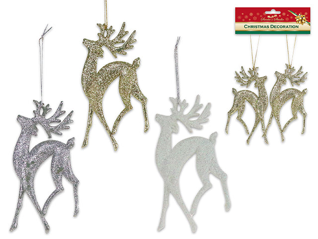 Carton of 24 2Pk 5-7/8In X 3-3/8In Xmas Glitter Reindeer Ornament. 3 Asst.Colours. H/C.