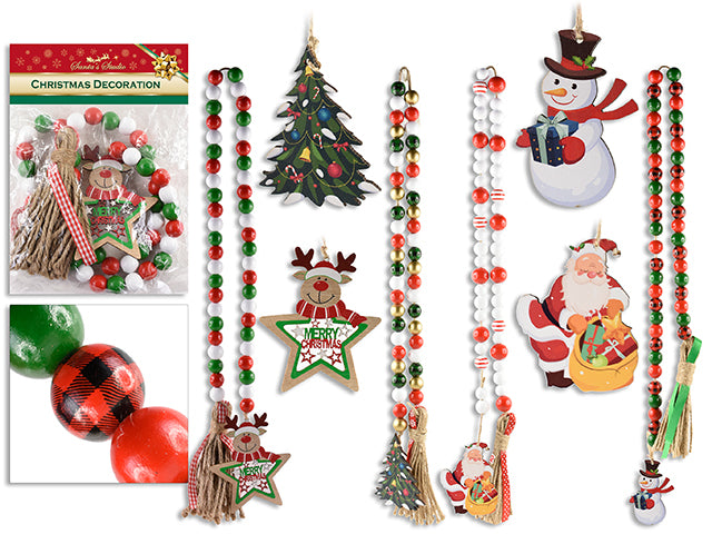 Carton of 12 35-3/8In Xmas Wooden Beaded Garland W/Jute Tassel. 3 Asst.Styles. Pbh.