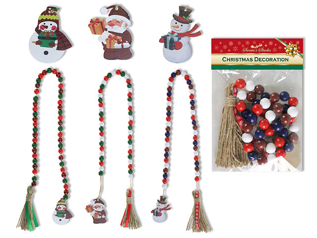 Carton of 12 35-3/8In Xmas Santa / Snowman Wooden Beaded Garland W/Jute Tassel. 3 Asst.Styles. Pbh.