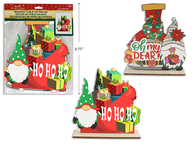 Carton of 12 5-7/8in (W) x 6in (H) Xmas Gnome Wooden Die-Cut Tabletop Decoration w/Stand. 2 Asst. StylesPbh.