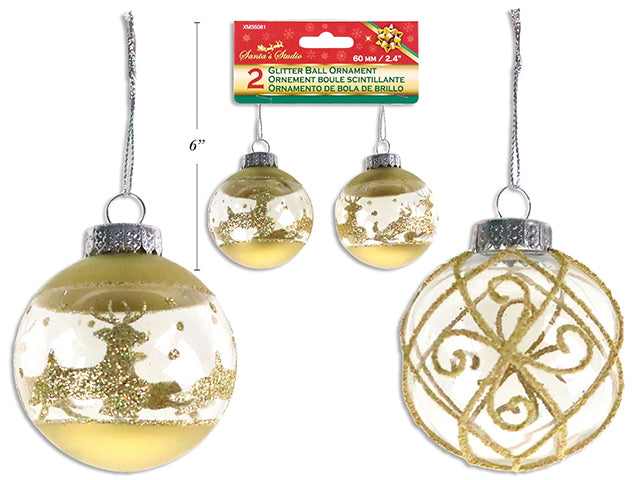 Carton of 24 2Pk 60Mm Xmas Clear Ball Ornament W/Gold Glitter + String. 2 Asst.Styles. H/C.