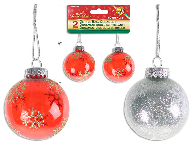 Carton of 24 2Pk 60Mm Xmas Glitter Snowflake Ball Ornament W/ String. 2 Asst.Colours. H/C.